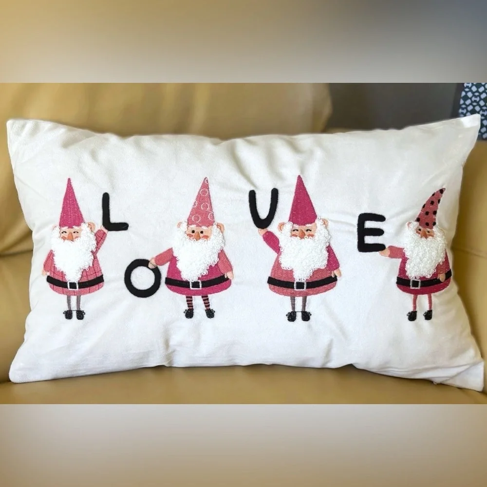 12x20 Embroidered Valentine's Gnomes Pink Black LOVE Velvet Throw Pillow Cover